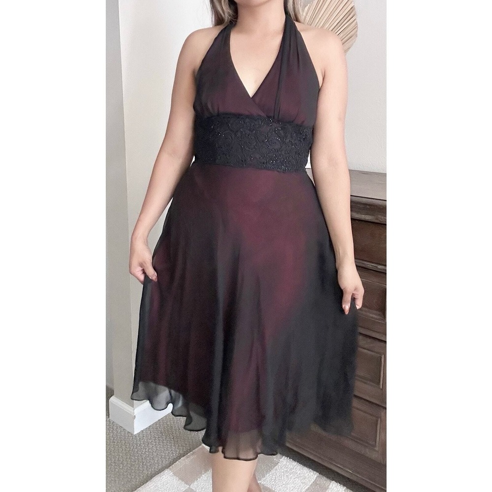 Jones New York Petite 6P Silk Halter Dress Burgundy Black Iridescent Beaded Lace
